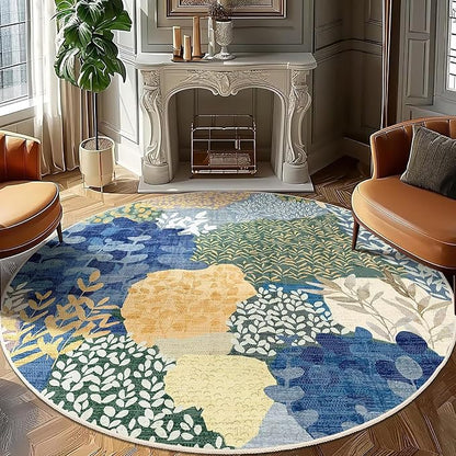 DEXDE Large Round Rug 9ft Washable Circle Area Rugs Non Slip Low Pile Boho Floral Circular Carpet for Bedroom Bathroom Entryway Kids Room Office Dining Room,Blue
