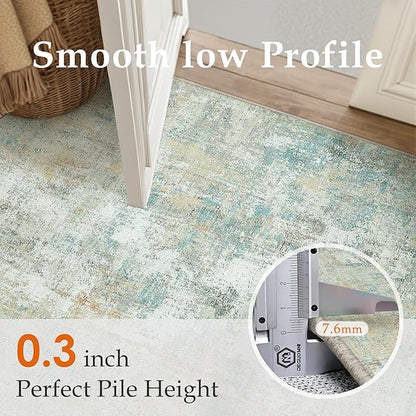10x14 Area Rug Teal Beige Abstract Living Room Bedroom Washable Carpet Neutral Modern Non-Slip Soft Low Pile Lightweight Vacuumable Large Throw Rug for Dining Room