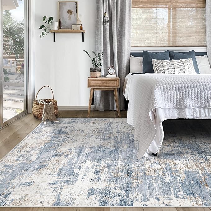 5x7 Area Rugs for Living Room, Washable Modern Abstract Large Area Rug Neutral Soft Non Slip Kids Rug Stain Resistant Indoor Carpet for Bedroom Nursery Dining Room Home Office(Blue, 5'x7')