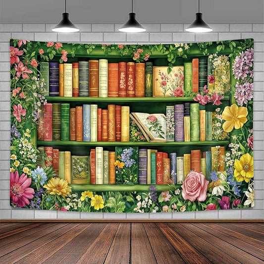 DYNH Wildflowers Bookshelf Tapestry,Book on Bookshelf and Colorful Plants Tapestries,Vintage Art Wall Hanging Decor for Study Room Bedroom Living Room College Dorm,80x60In