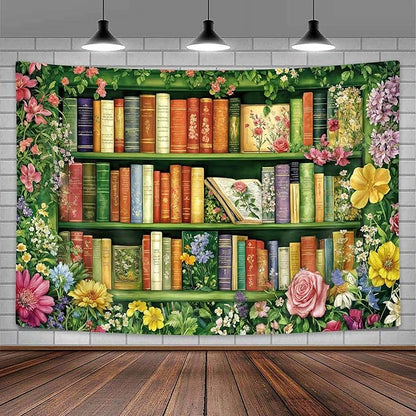 DYNH Wildflowers Bookshelf Tapestry,Book on Bookshelf and Colorful Plants Tapestries,Vintage Art Wall Hanging Decor for Study Room Bedroom Living Room College Dorm,71x60In