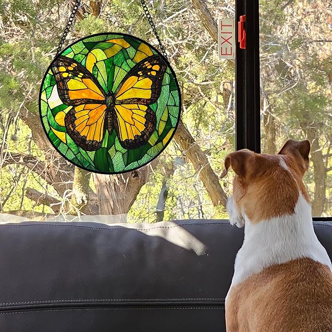DASTOLL Stained Glass Window Hanging 4 Pcs Set Green Plants Yellow Insect Theme 6.3" - Suncatcher Door Garden Sun Catcher Decor Birthday Christmas for Mom Woman Nana Men