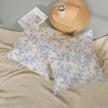 Baby Blue Pillow Covers 16x16 Set of 2 Blue and Cream Floral Chinoiserie Throw Pillows Vintage Rustic Toile Flower Decorative Pillowcase Outdoor Chinoiserie Decor Cushion Case for Couch Sofa