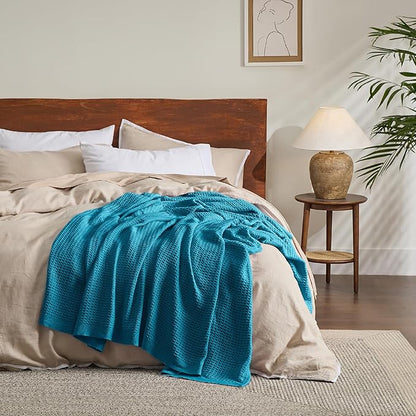 Bedsure Gentlesoft 100% Cotton Blanket Twin XL Size for College Dorm - Breathable and Soft, Waffle Weave Twin Blanket for Summer, Dorm Room Essentials, Teal, 66x90 inches