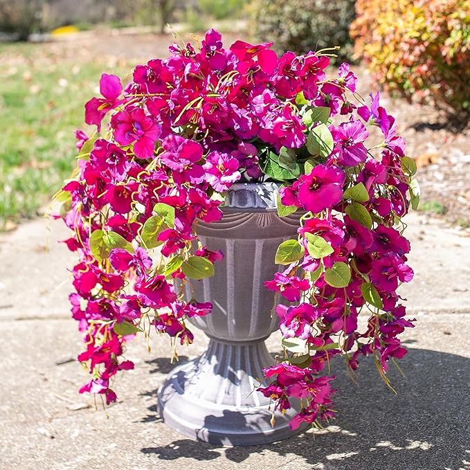 Fake Hibiscus Artificial Hanging Flowers Plants for Outdoors Spring Decoration, 4pcs Silk Hibiscus Vines Realistic UV Resistant Faux Flowers for Outside Planter Porch Patio Yard Wedding Party, Fuchsia
