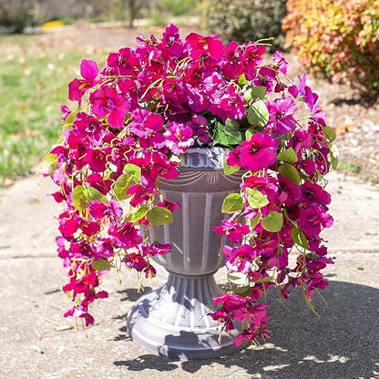 Fake Hibiscus Artificial Hanging Flowers Plants for Outdoors Spring Decoration, 4pcs Silk Hibiscus Vines Realistic UV Resistant Faux Flowers for Outside Planter Porch Patio Yard Wedding Party, Fuchsia