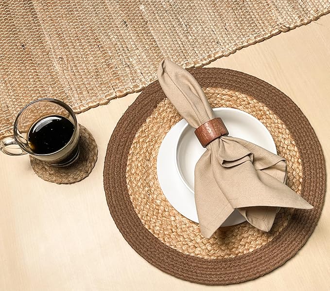 Chardin home Round Verona Woven Jute & Cotton Braided PLACEMAT (Set of 4), Size -14 inch, Round, Color - Natural Jute with Brown Border