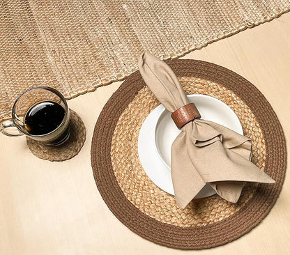 Chardin home Round Verona Woven Jute & Cotton Braided PLACEMAT (Set of 4), Size -14 inch, Round, Color - Natural Jute with Brown Border