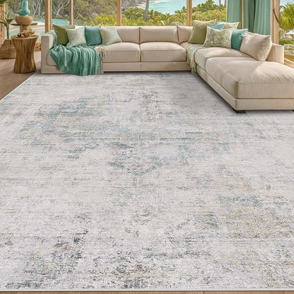 Modern Farmhouse Area Rug for Living Room - 10x14 Blue Gray Big Rug for Dining Room Table, Lightweight Foldable Low Pile Washable
