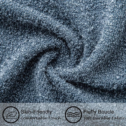 24"x24" Denim Blue Boucle Pillow Covers with Faux Leather Accents Set of 2 Fluffy Textured Decorative Throw Pillow Cases for Couch Bed Boho Farmhouse Square Cushion Covers for Home Décor