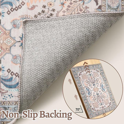 Tangsoo 2x6 Washable Runner Rug for Hallways,Non Slip Vintage Floral Rug Runner, Soft Low Pile Neutral Floor Carpet Runners for Kitchen Bedroom Entryway Living Room Bedside Laundry Home Decor