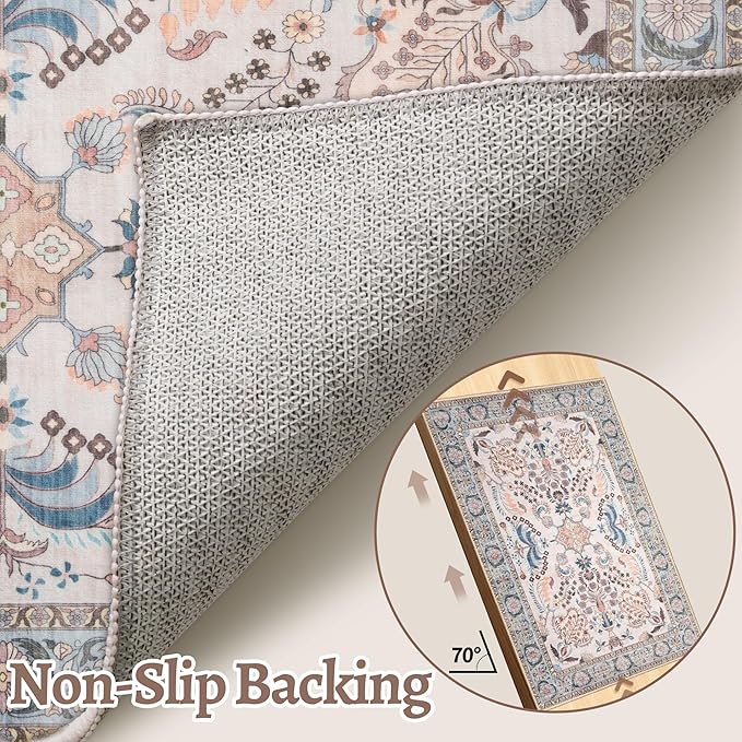Tangsoo 5x7 Washable Area Rug, Non Slip Boho Floral Rug for Living Room Bedroom, Vintage Neutral Soft Low Pile Floor Indoor Carpet for Bathroom Office Laundry Kid & Pets Friendly Home Decor