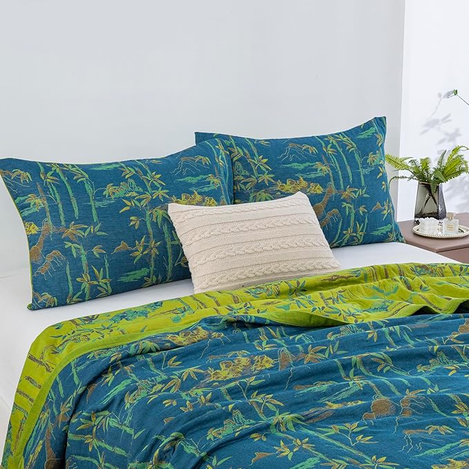 100% Cotton Muslin Jacquard 3 Piece Quilt Set Botanical Bamboo Leaf Print, Soft 3 Layers Gauze Bed Cover Reversible Bedspread Coverlet Breathable Lightweight Bedding Set, King
