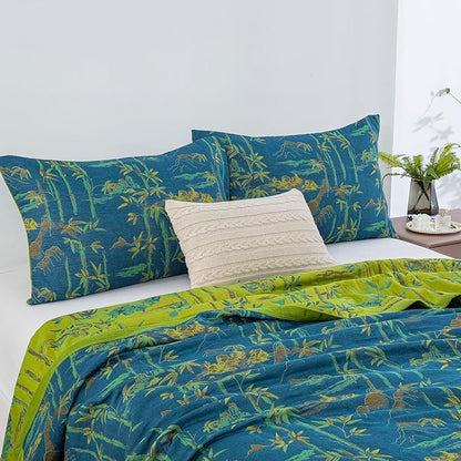 100% Cotton Muslin Jacquard 3 Piece Quilt Set Botanical Bamboo Leaf Print, Soft 3 Layers Gauze Bed Cover Reversible Bedspread Coverlet Breathable Lightweight Bedding Set, King