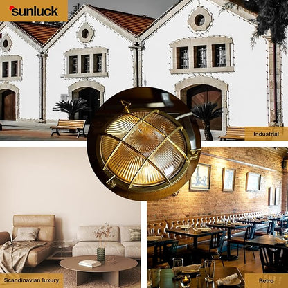 Sunluck Brass Bulkhead Light,Grid Round Nautical Wall Light,Lampshade,Ceiling Mount Lighting,Brass Sauna Light Waterproof IP65,Rust Resistant,for Wet Location Bath,Seaside,Ship,Basement,Garage