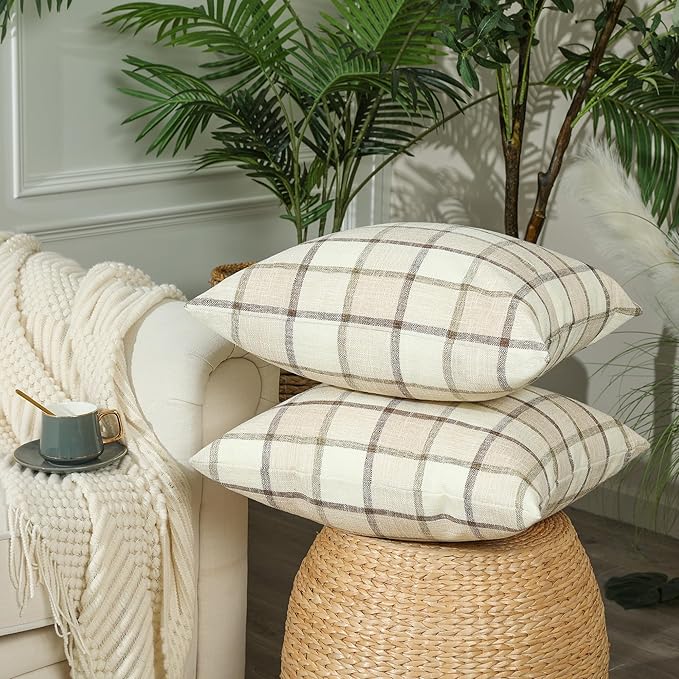 Stellhome Pack of 2 Fall Linen Buffalo Check Decorative Throw Pillow Covers, Farmhouse Plaid Cushion Covers Rustic Retro Decor for Couch Sofa Living Room, 24x24 Inch, Beige