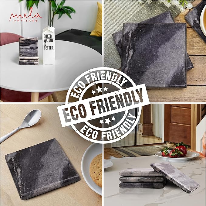 Mela Artisans Set of 4 Hand Crafted Marble Coasters - Sleek Black, Square | Coffee Table Decor | Absorbent Keeping Surfaces Dry & Safe | Ideal for Wine Glasses, Water Cups or Beer Mugs