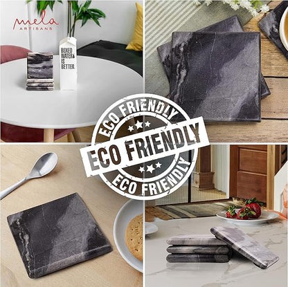Mela Artisans Set of 4 Hand Crafted Marble Coasters - Sleek Black, Square | Coffee Table Decor | Absorbent Keeping Surfaces Dry & Safe | Ideal for Wine Glasses, Water Cups or Beer Mugs