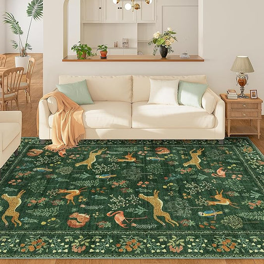 DUKINO 9x12 Rug, Washable Animal Living Room Rug with Non Slip Vintage Design, Soft Low Pile Large Carpet for Bedroom, Nursery, Dining Room, Farmhouse, Playroom, Green