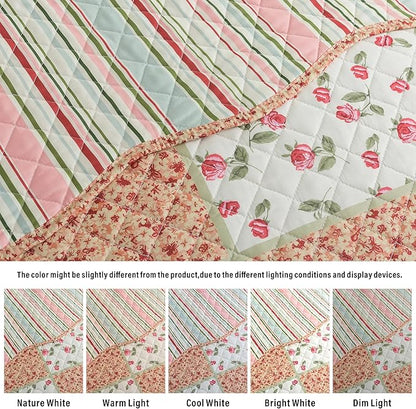 HoneiLife Queen Size Quilt Sets - Microfiber Quilt Set 3-Piece,Lightweight Bedspreads Reversible Coverlets Retro Bed Cover Floral Bedding Set, Queen Quilt Bedding Sets for All Season Use