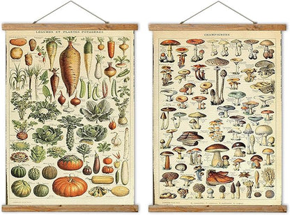 ABoby 2 Pack Vintage Vegetables and Mushroom Poster Hanger Frame, Retro Style of Wall Art Prints, Printed on Linen with Wood Frames, Ready to Hang