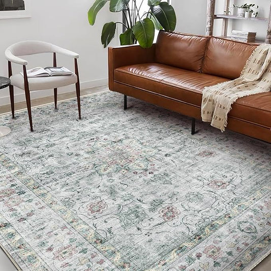 Washable Area Rug 9'x12' Boho Design Non-Shedding Easy Care Ideal for High Traffic Areas in Living Room Bedroom Office Coffee Table Kitchen Large Carpet