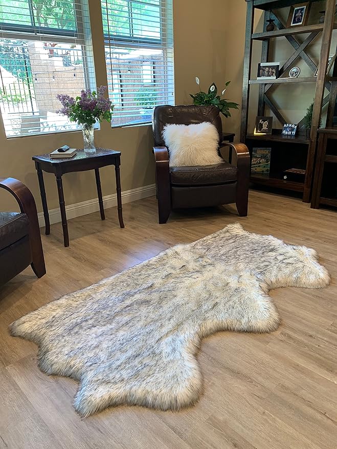 LAMBZY Faux Sheepskin Super Soft Hypoallergenic Silky Shag Rug for Living Room, Kids Room, Sofa (Triple Side by Side 3'x6', White/Black Tips)