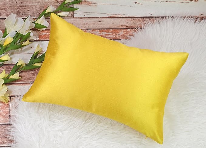 Aiking Home 12x18 Inches Faux Silk Rectangular Throw Pillow Cover, Zipper Closure, Yellow (Set of 2)