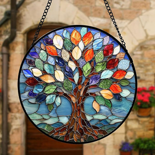DASTOLL Stained Glass Window Hanging, Colorful Tree of Life Sun Catchers Glass Panel Blue Suncatcher Decor for Birthday for Women, Men, Wife, Aunt, and Mom 11.8x11.8 in