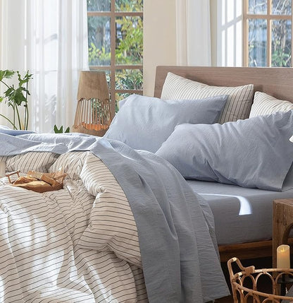 MooMee Bedding Sheet Set 100% Washed Cotton Linen Like Textured Breathable Durable Soft Comfy (Heathered Cornflower Blue, California King)