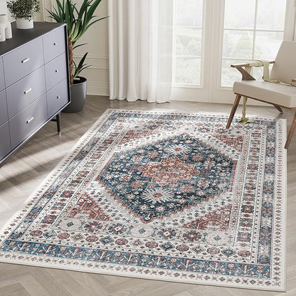 zesthome 6x9 Area Rug, Super Soft Washable Rugs for Living Room, Non-Slip Stain Resistant Vintage Rugs, Ultra-Thin Large Area Rugs (Navy Blue/Red,6'x9')