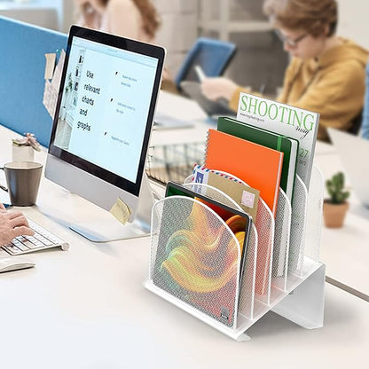 Inclined Desk File Organizer, 5-Section Vertical File Folder Holder Stand Metal Rack File Sorter for Office Classroom Desktop Organization (White, 2Pack)
