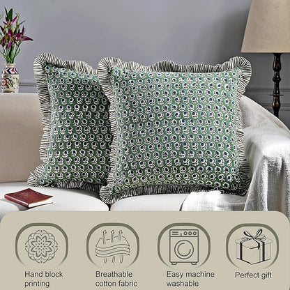 Ridhi Modern Farmhouse Pillow Covers Decorative Cotton Throw Pillow Covers Set of 2 Basil Green Cushion Covers with Ruffle for Couch Sofa Bed Living Room Spring Home Decor 20x20