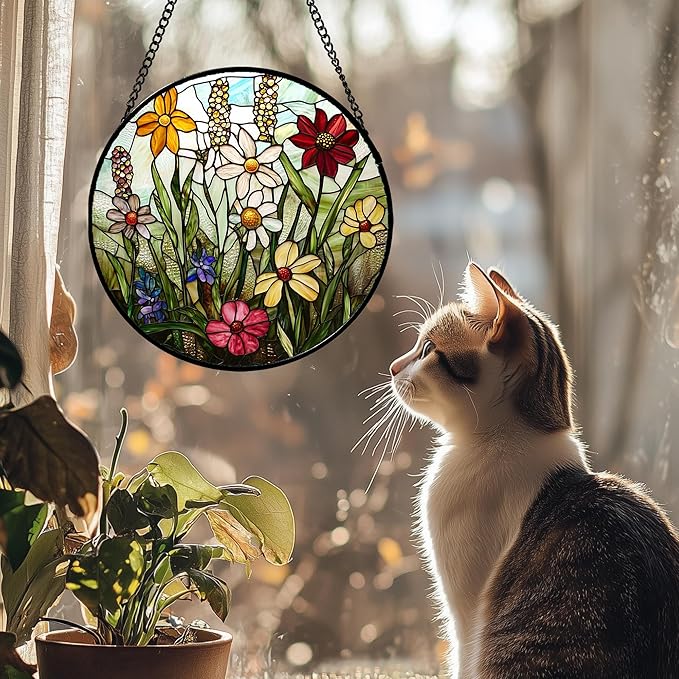 DASTOLL Stained Glass Window Hanging, Colorful Wildflowers Plant Scenery Suncatcher for Doors Window Home White Green Sun Catchers Decor Mother's Day Birthday Gifts for Women, Men Mom 11.8 in