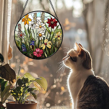 DASTOLL Stained Glass Window Hanging, Colorful Wildflowers Plant Scenery Suncatcher for Doors Window Home White Green Sun Catchers Decor Mother's Day Birthday Gifts for Women, Men Mom 11.8 in