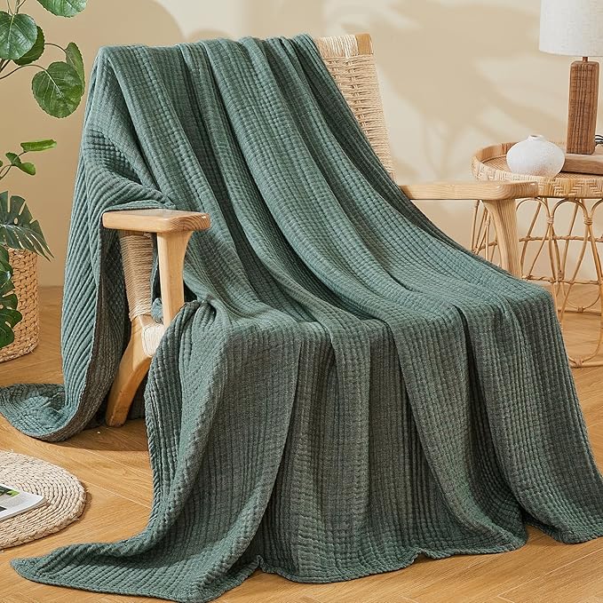 EMME Cotton Muslin Twin XL Blanket Breathable Gauze Soft Lightweight Blankets Adults Gifts for Women (Heather Forest Green, 66"x90")