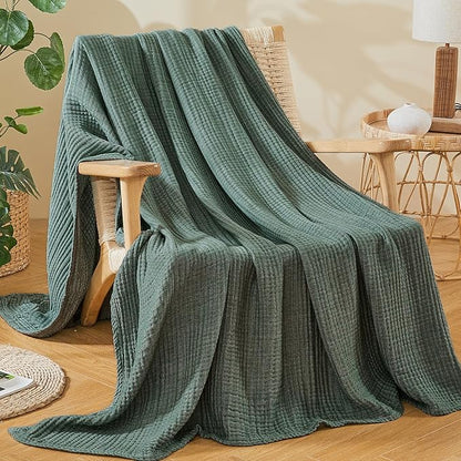 EMME Cotton Muslin Large Throw Blanket Couch Breathable Gauze Soft Lightweight Bed Blankets Adults (Heather Forest Green, 50"x70")