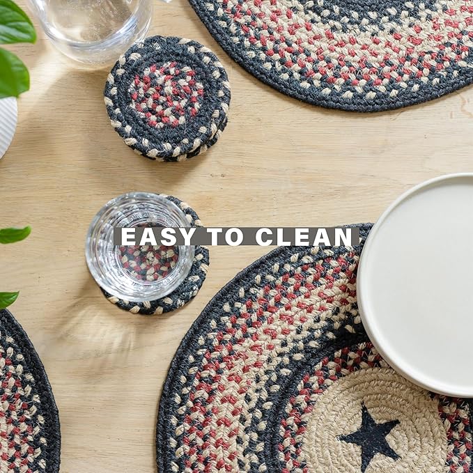 Homespice Primitive Star Gloucester Jute Woven Placemats, Warm Primitive Decor, Set of 4, Black and Red 13x19 Rectangle Table Mats - Vibrant Colors, Durable, Easy to Clean and Protects Furniture