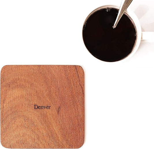 Denver Map Coaster by O3 Design Studio, Set Of 4, Sapele Wooden Coaster With City Map, Handmade