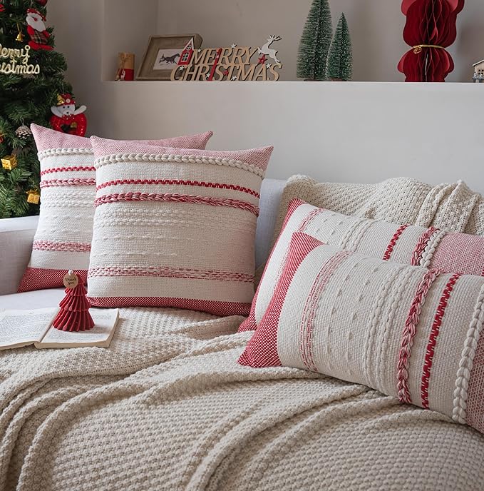 Valentines Pillow Covers 18x18 Inch Set of 2, Red Textured Boho Valentines Day Decoration Pillow Cases for Farmhouse Home Decor, Accent Cushion Cover for Sofa, Bed, Living Room, Bedroom