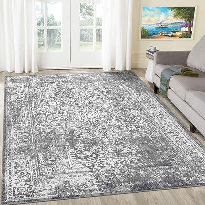 vivorug 4x6 Area Rugs, Stain Resistant Washable Rug for Living Room, Vintage-Inspired Grey Rug