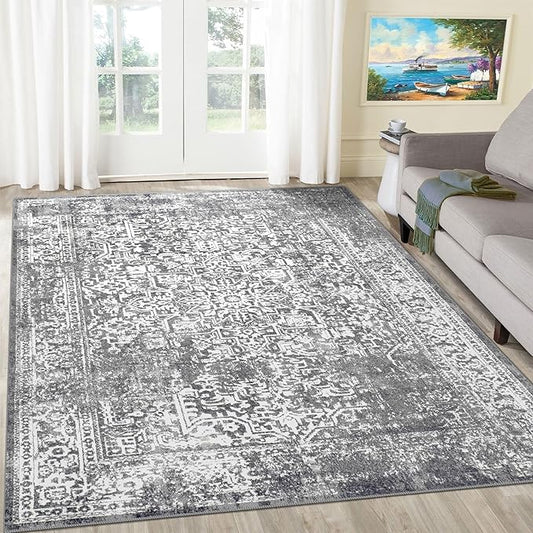 vivorug 4x6 Area Rugs, Stain Resistant Washable Rug for Living Room, Vintage-Inspired Grey Rug