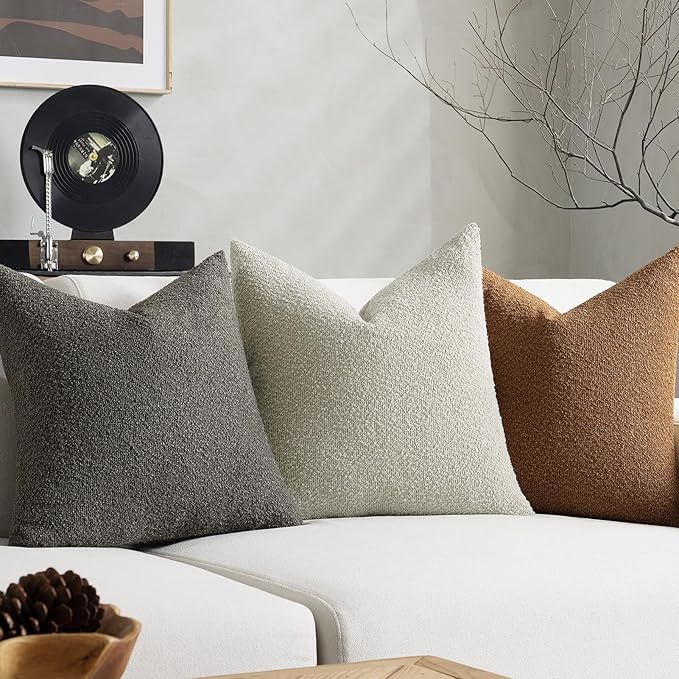 Throw Pillow Covers 20 x 20 Inch Set of 2, Accent Soft Boucle Textured Pillow Cover, Decorative Solid Color Cozy Cushion Pillow Case for Couch Bedroom Sofa Living Room Home Decor, Dark Brown
