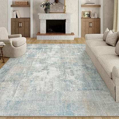 10x14 Area Rug Blue Cream Abstract Living Room Bedroom Washable Carpet Neutral Modern Non-Slip Soft Low Pile Lightweight Vacuumable Large Throw Rug for Dining Room