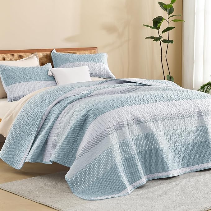 Litanika Quilt Queen Size Spa Blue, Stripe Patchwork Summer Bedspread Coverlet 3 Pieces, Soft Lightweight Microfiber Quilted Bedding Set for All Season(1 Quilt, 2 Pillowcases)
