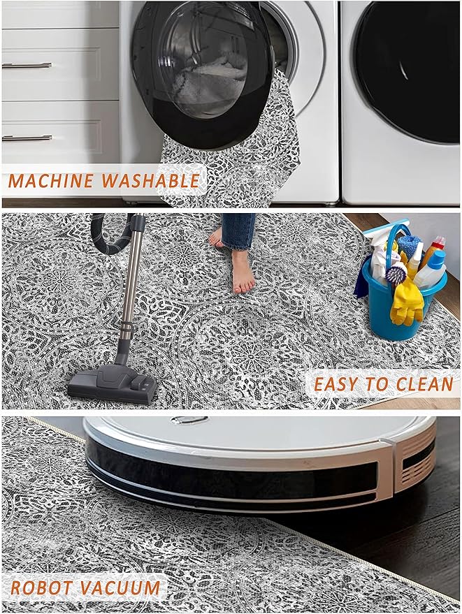 vivorug 8x10 Area Rugs for Living Room, Non-Slip Backing Washable Grey Rug 8x10, Large Area Rug Soft Carpet for Bedroom Dining Room, Vintage, Easy Clean, Durable, Low Pile Rug Under Table