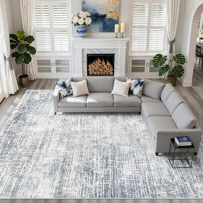 10x12 Area Rug Living Room: Washable Large Neutral Blue Rugs Abstract Soft Modern Stain Resistant Indoor Floor Non-Slip Carpet for Bedroom Nursery Kids Office Playroom Dining Room Under Table Home