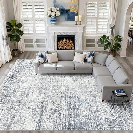 10x12 Area Rug Living Room: Washable Large Neutral Blue Rugs Abstract Soft Modern Stain Resistant Indoor Floor Non-Slip Carpet for Bedroom Nursery Kids Office Playroom Dining Room Under Table Home