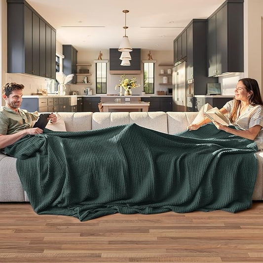 Bedsure Gentlesoft 100% Cotton Blanket Queen Size for Bed - Breathable and Soft, Thick Cozy Waffle Weave Christmas Blanket Gift for Women, Dark Green, 90x90 Inches