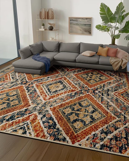 Area Rug 9x12 Rug Machine Washable Non-Slip Low Pile Print Pattern Fall Western Rug for Living Room Bedroom Entryway Tribal Series -Orange/Brown
